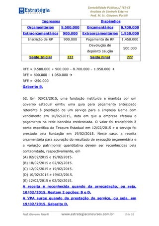 Contabilidade Pública p/ TCE-CE
Analista de Controle Externo
Prof. M. Sc. Giovanni Pacelli
Prof. Giovanni Pacelli www.estrategiaconcursos.com.br 2 de 10
Ingressos Dispêndios
Orçamentários 9.500.000 Orçamentários 8.700.000
Extraorçamentários 900.000 Extraorçamentários 1.950.000
Inscrição de RP 900.000 Pagamento de RP 1.450.000
Devolução de
depósito caução
500.000
Saldo Inicial ??? Saldo Final ???
RFE = 9.500.000 + 900.000 – 8.700.000 – 1.950.000 
RFE = 800.000 – 1.050.000 
RFE = -250.000
Gabarito B.
62. Em 02/02/2015, uma fundação instituída e mantida por um
governo estadual emitiu uma guia para pagamento antecipado
referente à prestação de um serviço para a empresa Gama com
vencimento em 10/02/2015, data em que a empresa efetuou o
pagamento na rede bancária credenciada. O valor foi transferido à
conta específica do Tesouro Estadual em 12/02/2015 e o serviço foi
prestado pela fundação em 19/02/2015. Neste caso, a receita
orçamentária para apuração do resultado de execução orçamentária e
a variação patrimonial quantitativa devem ser reconhecidas pela
contabilidade, respectivamente, em
(A) 02/02/2015 e 19/02/2015.
(B) 10/02/2015 e 02/02/2015.
(C) 12/02/2015 e 19/02/2015.
(D) 10/02/2015 e 19/02/2015.
(E) 12/02/2015 e 02/02/2015.
A receita é reconhecida quando da arrecadação, ou seja,
10/02/2015. Restam 2 opções: B e D.
A VPA surge quando da prestação do serviço, ou seja, em
19/02/2015. Gabarito D.
 
