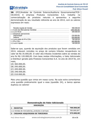 Analista de Controle Externo do TCE-CE
Prova de Contabilidade Geral Comentada
Prof. Gilmar Possati
Prof. Gilmar Possati www.estrategiaconcursos.com.br 15 de 21
58. (FCC/Analista de Controle Externo/Auditoria Governamental/TCE-
CE/2015) A empresa Produtos Conscientes S.A. trabalha na
comercialização de produtos naturais e apresentou a seguinte
demonstração do seu resultado referente ao ano de 2014, com os valores
expressos em reais:
Sabe-se que, quando da aquisição dos produtos que foram vendidos em
2014, estavam incluídos no preço de compra tributos recuperáveis no
valor de R$ 35.000,00. O valor dos tributos incidentes sobre as vendas do
ano foi R$ 120.000,00. Com base nestas informações, o Valor Adicionado
a Distribuir gerado pela Produtos Conscientes S.A. no ano de 2014 foi, em
reais,
(A) 360.000,00.
(B) 295.000,00.
(C) 205.000.00.
(D) 240.000,00.
(E) 210.000,00.
Mais uma questão que vimos em nosso curso. Na aula extra comentamos
uma questão praticamente igual a essa (questão 24), a banca apenas
duplicou os valores!
Demonstração do Valor Adicionado
DESCRIÇÃO
1 – RECEITAS 700.000,00
1.1) Vendas de mercadorias, produtos e serviços 700.000,00*
2 – INSUMOS ADQUIRIDOS DE TERCEIROS 375.000,00
 