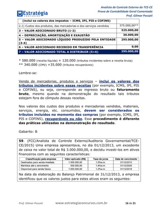 Analista de Controle Externo do TCE-CE
Prova de Contabilidade Geral Comentada
Prof. Gilmar Possati
Prof. Gilmar Possati www.estrategiaconcursos.com.br 16 de 21
(inclui os valores dos impostos – ICMS, IPI, PIS e COFINS)
2.1) Custos dos produtos, das mercadorias e dos serviços vendidos 375.000,00**
3 – VALOR ADICIONADO BRUTO (1-2) 325.000,00
4 – DEPRECIAÇÃO, AMORTIZAÇÃO E EXAUSTÃO 30.000,00
5 – VALOR ADICIONADO LÍQUIDO PRODUZIDO PELA ENTIDADE
(3-4)
295.000,00
6 – VALOR ADICIONADO RECEBIDO EM TRANSFERÊNCIA 0,00
7 – VALOR ADICIONADO TOTAL A DISTRIBUIR (5+6) 295.000,00
* 580.000 (receita líquida) + 120.000 (tributos incidentes sobre a receita bruta)
** 340.000 (CMV) +35.000 (tributos recuperáveis)
Lembre-se:
Venda de mercadorias, produtos e serviços – inclui os valores dos
tributos incidentes sobre essas receitas (por exemplo, ICMS, IPI, PIS
e COFINS), ou seja, corresponde ao ingresso bruto ou faturamento
bruto, mesmo quando na demonstração do resultado tais tributos
estejam fora do cômputo dessas receitas.
Nos valores dos custos dos produtos e mercadorias vendidos, materiais,
serviços, energia, etc. consumidos, devem ser considerados os
tributos incluídos no momento das compras (por exemplo, ICMS, IPI,
PIS e COFINS), recuperáveis ou não. Esse procedimento é diferente
das práticas utilizadas na demonstração do resultado.
Gabarito: B
59. (FCC/Analista de Controle Externo/Auditoria Governamental/TCE-
CE/2015) Uma empresa apresentava, no dia 01/12/2013, um excedente
de caixa no valor total de R$ 3.000.000,00, e decidiu investi-los em ativos
financeiros com as seguintes características:
Na data da elaboração do Balanço Patrimonial de 31/12/2013, a empresa
identificou que os valores justos para estes ativos eram os seguintes:
 