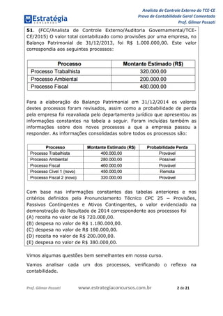 Analista de Controle Externo do TCE-CE
Prova de Contabilidade Geral Comentada
Prof. Gilmar Possati
Prof. Gilmar Possati www.estrategiaconcursos.com.br 2 de 21
51. (FCC/Analista de Controle Externo/Auditoria Governamental/TCE-
CE/2015) O valor total contabilizado como provisões por uma empresa, no
Balanço Patrimonial de 31/12/2013, foi R$ 1.000.000,00. Este valor
correspondia aos seguintes processos:
Para a elaboração do Balanço Patrimonial em 31/12/2014 os valores
destes processos foram revisados, assim como a probabilidade de perda
pela empresa foi reavaliada pelo departamento jurídico que apresentou as
informações constantes na tabela a seguir. Foram incluídas também as
informações sobre dois novos processos a que a empresa passou a
responder. As informações consolidadas sobre todos os processos são:
Com base nas informações constantes das tabelas anteriores e nos
critérios definidos pelo Pronunciamento Técnico CPC 25 − Provisões,
Passivos Contingentes e Ativos Contingentes, o valor evidenciado na
demonstração do Resultado de 2014 correspondente aos processos foi
(A) receita no valor de R$ 720.000,00.
(B) despesa no valor de R$ 1.180.000,00.
(C) despesa no valor de R$ 180.000,00.
(D) receita no valor de R$ 200.000,00.
(E) despesa no valor de R$ 380.000,00.
Vimos algumas questões bem semelhantes em nosso curso.
Vamos analisar cada um dos processos, verificando o reflexo na
contabilidade.
 