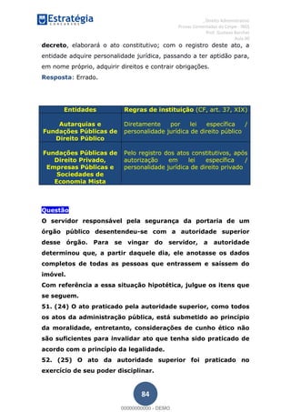 , Direito Administrativo
Provas Comentadas do Cespe - INSS
Prof. Gustavo Barchet
Aula 00
84
decreto, elaborará o ato constitutivo; com o registro deste ato, a
entidade adquire personalidade jurídica, passando a ter aptidão para,
em nome próprio, adquirir direitos e contrair obrigações.
Resposta: Errado.
Entidades Regras de instituição (CF, art. 37, XIX)
Autarquias e
Fundações Públicas de
Direito Público
Diretamente por lei específica /
personalidade jurídica de direito público
Fundações Públicas de
Direito Privado,
Empresas Públicas e
Sociedades de
Economia Mista
Pelo registro dos atos constitutivos, após
autorização em lei específica /
personalidade jurídica de direito privado
Questão
O servidor responsável pela segurança da portaria de um
órgão público desentendeu-se com a autoridade superior
desse órgão. Para se vingar do servidor, a autoridade
determinou que, a partir daquele dia, ele anotasse os dados
completos de todas as pessoas que entrassem e saíssem do
imóvel.
Com referência a essa situação hipotética, julgue os itens que
se seguem.
51. (24) O ato praticado pela autoridade superior, como todos
os atos da administração pública, está submetido ao princípio
da moralidade, entretanto, considerações de cunho ético não
são suficientes para invalidar ato que tenha sido praticado de
acordo com o princípio da legalidade.
52. (25) O ato da autoridade superior foi praticado no
exercício de seu poder disciplinar.
00000000000
00000000000 - DEMO
 
