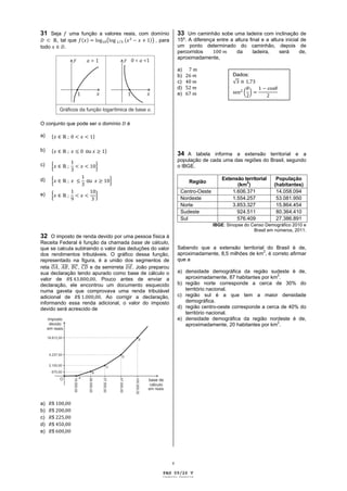 31 Seja      uma função a valores reais, com domínio          33 Um caminhão sobe uma ladeira com inclinação de
       , tal que                               , para         15º. A diferença entre a altura final e a altura inicial de
todo       .                                                  um ponto determinado do caminhão, depois de
                                                              percorridos               da      ladeira,    será      de,
                                                              aproximadamente,

                                                              a)
                                                              b)                       Dados:
                                                              c)
                                                              d)
                                                              e)




O conjunto que pode ser o domínio    é

a)

b)                 ou
                                                              34 A tabela informa a extensão territorial e a
                                                              população de cada uma das regiões do Brasil, segundo
c)                                                            o IBGE.

d)                 ou                                                             Extensão territorial     População
                                                                   Região                   2
                                                                                        (km )             (habitantes)
                                                               Centro-Oeste           1.606.371            14.058.094
e)
                                                               Nordeste               1.554.257            53.081.950
                                                               Norte                  3.853.327            15.864.454
                                                               Sudeste                  924.511            80.364.410
                                                               Sul                      576.409            27.386.891
                                                                              IBGE: Sinopse do Censo Demográfico 2010 e
                                                                                                Brasil em números, 2011.
32 O imposto de renda devido por uma pessoa física à
Receita Federal é função da chamada base de cálculo,
que se calcula subtraindo o valor das deduções do valor       Sabendo que a extensão territorial do Brasil é de,
                                                                                                2
dos rendimentos tributáveis. O gráfico dessa função,          aproximadamente, 8,5 milhões de km , é correto afirmar
representado na figura, é a união dos segmentos de            que a
reta   ,    ,   ,     e da semirreta    . João preparou
sua declaração tendo apurado como base de cálculo o           a) densidade demográfica da região sudeste é de,
valor de                . Pouco antes de enviar a                aproximadamente, 87 habitantes por km2.
declaração, ele encontrou um documento esquecido              b) região norte corresponde a cerca de 30% do
numa gaveta que comprovava uma renda tributável                  território nacional.
adicional de              . Ao corrigir a declaração,         c) região sul é a que tem a maior densidade
informando essa renda adicional, o valor do imposto              demográfica.
devido será acrescido de                                      d) região centro-oeste corresponde a cerca de 40% do
                                                                 território nacional.
                                                              e) densidade demográfica da região nordeste é de,
                                                                 aproximadamente, 20 habitantes por km2.




a)
b)
c)
d)
e)




                                                          v

                                                    PAG 09/26 V
                                                    Caderno Reserva
 