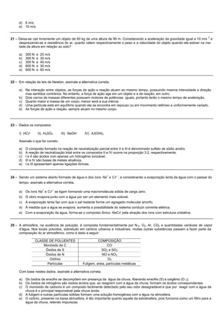 d)   6 m/s
     e)   10 m/s


                                                                                                                                2
21 – Deixa-se cair livremente um objeto de 60 kg de uma altura de 90 m. Considerando a aceleração da gravidade igual a 10 m/s e
     desprezando-se a resistência do ar, quanto valem respectivamente o peso e a velocidade do objeto quando ele estiver na me-
     tade da altura em relação ao solo?

     a) 300 N e     20 m/s
     b) 300 N e     30 m/s
     c) 300 N e     45 m/s
     d) 600 N e     30 m/s
     e) 600 N e     60 m/s


22 – Em ralação às leis de Newton, assinale a alternativa correta.

     a) Na interação entre objetos, as forças de ação e reação atuam ao mesmo tempo, possuindo mesma intensidade e direção
        mas sentidos contrários. No entanto, a força de ação age em um objeto e a de reação, em outro.
     b) Dois carros de massas diferentes possuem motores de potências iguais, portanto terão o mesmo tempo de aceleração.
     c) Quanto maior a massa de um corpo, menor será a sua inércia.
     d) Uma partícula está em equilíbrio quando ela se encontra em repouso ou em movimento retilíneo e uniformemente variado.
     e) As forças de ação e reação, sempre atuam no mesmo corpo.



23 – Dados os compostos:

     I) HCl        II) H2SO4       III) NaOH     IV) Al(OH)3

     Assinale o que for correto.

     a) O composto formado na reação de neutralização parcial entre II e III é denominado sulfato de sódio anidro.
     b) A reação de neutralização total entre os compostos II e IV ocorre na proporção 3:2, respectivamente.
     c) I e II são ácidos com apenas um hidrogênio ionizável.
     d) III e IV são bases de metais alcalinos.
     e) I e III apresentam apenas ligações iônicas.


                                                                +      –
24 – Sendo um sistema aberto formado de água e dos íons Na e Cl , e considerando a evaporação lenta da água com o passar do
     tempo, assinale a alternativa correta.

                     +       –
     a)   Os íons Na e Cl se ligam formando uma macromolécula sólida de carga zero.
     b)   O cloro evapora junto com a água por ser um elemento mais solúvel.
     c)   A evaporação lenta faz com que o sal restante forme um agregado molecular amorfo.
     d)   À medida que a água se evapora, aumenta a possibilidade do sistema conduzir corrente elétrica.
     e)   Com a evaporação da água, forma-se o composto iônico NaCl, pela atração dos íons com estrutura cristalina.


25 – A atmosfera, na ausência de poluição, é composta fundamentalmente por N 2, O2, Ar, CO2 e quantidades variáveis de vapor
     d’água. Nos locais poluídos, sobretudo em centros urbanos e industriais, muitas outras substâncias passam a fazer parte da
     composição do ar atmosférico, como é dado a seguir:

                CLASSE DE POLUENTES                       COMPOSIÇÃO
                    Monóxido de C                                CO
                     Óxidos de S                            SO2 e SO3
                     Óxidos de N                             NO e NO2
                       Ozônio                                    O3
                      Partículas                Fuligem, areia, partículas metálicas

     Com base nestes dados, assinale a alternativa correta.

     a) Os óxidos de enxofre se decompõem em presença da água da chuva, liberando enxofre (S) e oxigênio (O 2).
     b) Os óxidos de nitrogênio são óxidos ácidos que, ao reagirem com a água da chuva, formam os ácidos correspondentes.
     c) O monóxido de carbono é um composto facilmente detectado pelo seu odor desagradável e que por reagir com a água da
        chuva é o principal responsável pela chuva ácida.
     d) A fuligem e outras partículas sólidas formam uma solução homogênea com a água na atmosfera.
     e) O ozônio, presente na baixa atmosfera, é tão importante quanto aquele da estratosfera, pois funciona como um filtro para a
        água da chuva, retendo impurezas.
 