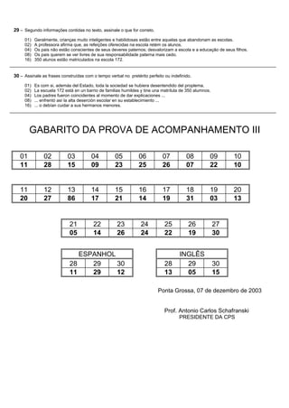 29 – Segundo informações contidas no texto, assinale o que for correto.
     01)   Geralmente, crianças muito inteligentes e habilidosas estão entre aquelas que abandonam as escolas.
     02)   A professora afirma que, as refeições oferecidas na escola retém os alunos.
     04)   Os pais não estão conscientes de seus deveres paternos; desvalorizam a escola e a educação de seus filhos.
     08)   Os pais querem se ver livres de sua responsabilidade paterna mais cedo.
     16)   350 alunos estão matriculados na escola 172.


30 – Assinale as frases construídas com o tempo verbal no pretérito perfeito ou indefinido.
     01)   Es com si, además del Estado, toda la sociedad se hubiera desentendido del proplema.
     02)   La escuela 172 está en un barrio de familias humildes y tine una matrílula de 350 alumnos.
     04)   Los padres fueron coincidentes al momento de dar explicaciones ...
     08)   ... enfrentó así la alta deserción escolar en su establecimiento ...
     16)   ... o debían cuidar a sus hermanos menores.




        GABARITO DA PROVA DE ACOMPANHAMENTO III

   01          02          03           04          05          06          07          08          09        10
   11          28          15           09          23          25          26          07          22        10


   11          12          13           14          15          16          17          18          19        20
   20          27          86           17          21          14          19          31          03        13


                            21           22          23          24          25          26             27
                            05           14          26          24          22          19             30


                               ESPANHOL                                              INGLÊS
                            28    29    30                                   28        29               30
                            11    29    12                                   13        05               15

                                                                          Ponta Grossa, 07 de dezembro de 2003


                                                                             Prof. Antonio Carlos Schafranski
                                                                                    PRESIDENTE DA CPS
 