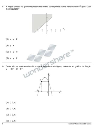 8. A região pintada no gráfico representado abaixo corresponde a uma inequação de 1
o
grau. Qual
é a inequação?
y
3
2
1
x
-2 -1 0 1 2 3
(A) y x 2
(B) y x
(C) x 2 0
(D) x y 2
9. Quais são as coordenadas do ponto A assinalado na figura, referente ao gráfico da função
y 2x2 – 6x 8?
y
A
-4 +1
0 x
(A) ( 2, 8)
(B) ( 1, 6)
(C) ( 3, 8)
(D) ( 3, 6)
6 SARESP-Matemática-3EM-Manhã
 