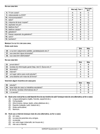 SARESP-Questionário-3 EM 15
Não tem Tem 1
Tem mais
Na sua casa tem
de 1
8. TV em cores? A B C
9. videocassete ou DVD? A B C
10. microcomputador? A B C
11. rádio? A B C
12. máquina de lavar roupas? A B C
13. aspirador de pó? A B C
14. telefone fixo? A B C
15. telefone celular? A B C
16. geladeira? A B C
17. freezer separado da geladeira? A B C
18. carro? A B C
19. banheiro? A B C
MARQUE SIM OU NÃO EM CADA LINHA.
Onde você mora
Sim Não
20. a rua tem calçamento (asfalto, paralelepípedo etc.)? A B
21. sua casa tem água encanada? A B
22. sua casa tem eletricidade? A B
Na sua casa tem
Sim Não
23. jornal diário? A B
24. revistas de informação geral (Veja, Isto É, Época etc.)? A B
25. dicionário? A B
26. internet? A B
27. um lugar calmo para você estudar? A B
28. uma estante com mais de 20 livros? A B
Você tem algum incentivo em casa para
Sim Não
29. estudar? A B
30. fazer lição de casa ou trabalhos escolares? A B
31. ler (livros, revistas informativas etc.)? A B
32. ir à escola? A B
33. Qual curso você já fez ou está fazendo fora do seu horário de aula? (marque mais de uma alternativa, se for o caso)
(A) Língua estrangeira (inglês, francês, espanhol etc.).
(B) Computação.
(C) Arte (música, dança, teatro, artes plásticas etc.).
(D) Esporte (natação, judô, futebol etc.).
(E) Aulas particulares.
(F) Nenhum.
34. Você usa a internet (marque mais de uma alternativa, se for o caso)
(A) em casa.
(B) na casa de parentes e/ou amigos.
(C) na escola.
(D) em outro lugar (cibercafé, lan house etc.)
(E) não uso a internet.
a
 