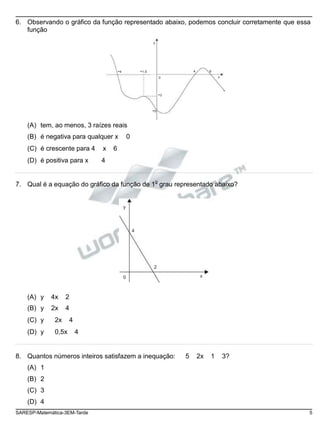 6. Observando o gráfico da função representado abaixo, podemos concluir corretamente que essa
função
y
-4 -1,5 4 6
0
-3
x
-5
(A) tem, ao menos, 3 raízes reais
(B) é negativa para qualquer x 0
(C) é crescente para 4 x 6
(D) é positiva para x 4
7. Qual é a equação do gráfico da função de 1
o
grau representado abaixo?
y
4
2
0 x
(A) y 4x 2
(B) y 2x 4
(C) y 2x 4
(D) y 0,5x 4
8. Quantos números inteiros satisfazem a inequação: 5 2x 1 3?
(A) 1
(B) 2
(C) 3
(D) 4
SARESP-Matemática-3EM-Tarde 5
 