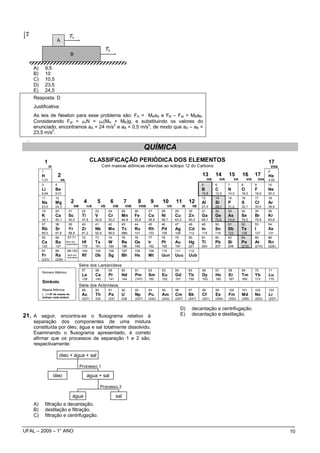 g
                                      FA
                         A
                                                                         FB
                                       B

     A)       9,5
     B)       10
     C)       10,5
     D)       23,5
     E)       24,5
     Resposta: D
     Justificativa:
     As leis de Newton para esse problema são: FA = MAaA e FB – Fat = MBaB.
     Considerando Fat = µcN = µc(MA + MB)g, e substituindo os valores do
                                       2              2
     enunciado, encontramos aA = 24 m/s e aB = 0,5 m/s , de modo que aA – aB =
              2
     23,5 m/s .
 .
                                                                                                        QUÍMICA
              1                                           CLASSIFICAÇÃO PERIÓDICA DOS ELEMENTOS                                                                                                                      17
                  IA                                                 Com massas atômicas referidas ao isótopo 12 do Carbono                                                                                              VIIIA
          1                                                                                                                                                                                                          2
          H                 2                                                                                                                                13          14         15         16         17         He
          1,01               IIA                                                                                                                                  IIIA        IVA         VA        VIA       VIIA   4,00
          3             4                                                                                                                                    5           6          7          8          9          10
          Li            Be                                                                                                                                   B           C          N          O          F          Ne
          6,64          9,01                                                                                                                                 10,8        12,0       14,0       16,0       19,0       20,2
          11            12                                                                                                                                   13          14         15         16         17         18
          Na            Mg             2            4          5              6         7         8           9          10           11          12         AI          Si         P          S          Cl         Ar
          23,0          24,3               IIIB         IvB         VB         VIB       VIIB        VIIIB        VIII         VIII          IB        IIB   27,0        28,1       31,0       32,1       35,5       39,9
          19            20           21            22         23          24         25         26           27          28           29          30         31          32         33         34         35         36
          K             Ca           Sc            Ti         V           Cr         Mn         Fe           Co          Ni           Cu          Zn         Ga          Ge         As         Se         Br         Kr
          39,1          40,1         45,0          47,9       50,9        52,0       54,9       55,8         58,9        58,7         63,5        65,4       69,7        72,6       74,9       79,0       79,9       83,8
          37            38           29            40         41          42         43         44           45          46           47          48         49          50         51         52         53         54
          Rb            Sr           Yr            Zr         Nb          Mo         Tc         Ru           Rh          Pd           Ag          Cd         In          Sn         Sb         Te         I          Xe
          85,5          87,6        88,9           91,2       92,9        96,0       (99)       101          103         106          108         112        115         119        122        128        127        131
          55            56          57-71          72         73          74         75         76           77          78           79          80         81          82         83         84         85         86
          Cs            Ba         Série dos
                                   Lantanídeos
                                                   Hf         Ta          W          Re         Os           Ir          Pt           Au          Hg         TI          Pb         Bi         Po         At         Rn
          133           137                        179        181         184        186        190          192         195          197         201        204         207        209        (210)      (210)      (220)
          87            88          89-103         104        105         106        107        108          109         110          111         112
          Fr            Ra          Série dos
                                    Actinídeos
                                                   Rf         Db          Sg         Bh         Hs           Mt          Uun          Uuu         Uub
          (223)         (226)
                                                  Série dos Lantanídeos
                                                   57         58          59         60         61           62          63           64          65         66          67         68         69         70         71
          Número Atômico
                                                   La         Ce          Pr         Nd         Pm           Sm          Eu           Gd          Tb         Dy          Ho         Er         Tm         Yb         Lu
                                                   139        140         141        144        (147)        150         152          157         159        163         165        167        169        173        175
          Símbolo
                                                  Série dos Actinídeos
          Massa Atômica                            89         90          91         92         93           94          95           96          97         98          99         100        101        102        103
          ( ) = Nº de massa do                     Ac         Th          Pa         U          Np           Pu          Am           Cm          Bk         Cf          Es         Fm         Md         No         Lr
          isótopo mais estável
                                                   (227)      232         (231       238        (237)        (242)       (243)        (247)       (247)      (251)       (254)      (253)      (256)      (253)      (257)


                                                                                                                                           D)       decantação e centrifugação.
21. A seguir, encontra-se o fluxograma relativo à                                                                                          E)       decantação e destilação.
     separação dos componentes de uma mistura
     constituída por óleo, água e sal totalmente dissolvido.
     Examinando o fluxograma apresentado, é correto
     afirmar que os processos de separação 1 e 2 são,
     respectivamente:

                            óleo + água + sal

                                                  Processo 1

                       óleo                             água + sal

                                                                   Processo 2

                                          água                                    sal
     A)       filtração e decantação.
     B)       destilação e filtração.
     C)       filtração e centrifugação.


UFAL – 2009 – 1° ANO                                                                                                                                                                                                             10
 