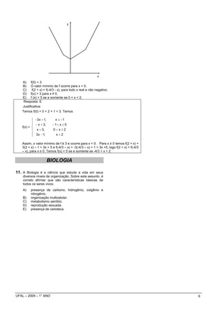 y




                                                          x
   A) f(0) = 3
   B) O valor mínimo de f ocorre para x = 0.
   C)     f(2 + x) = f(-4/3 - x), para todo x real e não negativo.
   D) f(x) > 3 para x ≠ 0.
   E) f (x) < 5 se e somente se 0 < x < 2.
    Resposta: E
   Justificativa:
   Temos f(0) = 0 + 2 + 1 = 3. Temos

          ⎧ −3 x + 1,      x ≤ −1
          ⎪
          ⎪ − x + 3,     −1< x ≤ 0
   f(x) = ⎨
          ⎪ x + 3,       0<x≤2
          ⎪ 3 x − 1,
          ⎩                x>2

   Assim, o valor mínimo de f é 3 e ocorre para x = 0. Para x ≥ 0 temos f(2 + x) =
   3(2 + x) – 1 = 3x + 5 e f(-4/3 – x) = -3(-4/3 – x) + 1 = 3x +5, logo f(2 + x) = f(-4/3
   – x), para x ≥ 0. Temos f(x) < 5 se e somente se -4/3 < x < 2.

                        BIOLOGIA

11. A Biologia é a ciência que estuda a vida em seus
    diversos níveis de organização. Sobre este assunto, é
    correto afirmar que são características básicas de
    todos os seres vivos:
    A)   presença de carbono, hidrogênio, oxigênio e
         nitrogênio.
    B)   organização multicelular.
    C)   metabolismo aeróbio.
    D)   reprodução sexuada.
    E)   presença de carioteca.




UFAL – 2009 – 1° ANO                                                                        6
 