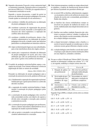 18.	 Segundo o documento Progestão, existe a autonomia legal            20.	 Entre inúmeras pesquisas e estudos no campo educacional,
     e a autonomia construída. A primeira refere-se à autonomia              os trabalhos a respeito da família/escola desenvolvidos
     prevista na LDB (Lei n.º 9.394/96), já a segunda refere-se              por Heloisa Szymanski nos permitem afirmar que
     à autonomia construída na escola.
                                                                            (A)	 no século XXI, as famílias, indistintamente, engajam-
    Segundo o mesmo documento, o papel do gestor no                              -se em projetos coletivos de melhoria do ensino e das
    processo de elaboração do projeto pedagógico da escola,                      relações da escola com a comunidade, permitindo a
    visando ajudar na construção de sua autonomia, é                             fluidez das relações.
    (A)	 coordenar o trabalho dos professores na elaboração                 (B)	 as famílias das classes trabalhadoras sempre se
         do projeto pedagógico da escola.                                        envolvem nos projetos de melhoria do ensino e da
                                                                                 escola, estabelecendo uma relação horizontal com os
    (B)	 coordenar o processo de organização das pessoas
                                                                                 gestores.
         no interior da escola, buscando a convergência dos
         interesses dos vários segmentos e a superação dos                  (C)	 famílias com melhor condição financeira não valo-
         conflitos deles decorrentes.                                            rizam os projetos coletivos voltados à melhoria do
                                                                                 ensino e das relações escola/comunidade, dificultan-
    (C)	 coordenar o trabalho de professores, alunos e fun-
                                                                                 do a relação dialógica necessária.
         cionários administrativos na elaboração do projeto
         pedagógico da escola, evitando, assim, que interesses              (D)	 a relação horizontal e dialógica entre a família e a
         particulares se sobreponham aos interesses coletivos.                   escola só é possível quando se considera que os vários
                                                                                 contextos sociais geram diferentes relações sociais.
    (D)	 impor as determinações legais aos seus subordinados,
         para evitar interferência direta dos órgãos centrais.              (E)	 a relação dialógica entre família e escola não é possí-
                                                                                 vel porque a ação educativa destas instituições difere
    (E)	 manter pais e responsáveis afastados da elaboração
                                                                                 em seus objetivos, conteúdos e métodos.
         do projeto pedagógico da escola, pois esta é uma
         atribuição que cabe aos profissionais da educação,
         pois assim o gestor evita conflitos de interesses.             21.	 No que se refere à Direção por Valores (DpV), leia aten-
                                                                             tamente as informações contidas nas colunas “A” e “B”
                                                                             e, em seguida, estabeleça a relação correta entre elas.
19.	 O modelo de produção taylorista/fordista separa a con-
     cepção da execução. Esse sistema influenciou a forma de
                                                                                      Coluna A                  Coluna B
     organização de todos os setores da sociedade.
                                                                              I. Situação de aplica- a) Alto nível de profissio-
                                   (Martins, 2008, CONSED, 2001).
                                                                                 ção preferencial.       nalização média (direção
    Pensando na elaboração do projeto pedagógico para a                                                  de profissionais).
    construção da autonomia da escola, podemos afirmar que                   II. Nível médio de pro- b) Necessidade de criativi-
                                                                                 fissionalização dos     dade para a resolução de
    (A)	 é fundamental a superação da organização taylorista/                    membros da orga-        problemas complexos.
         fordista para que o gestor possa tornar-se o centro das                 nização.
         decisões escolares.
                                                                            III. Autonomia e res- c) Cliente com critério e
    (B)	 a superação do modelo taylorista/fordista é funda-                      ponsabilidade.          liberdade de escolha.
         mental à construção do projeto pedagógico pelos                    IV. Tipo de destinatário. d) Alta.
         professores.
                                                                            Segundo Trigo (2008), a relação correta entre as colunas
    (C)	 a construção do projeto pedagógico deve envolver                   “A” e “B” é:
         toda comunidade escolar, com objetivo de superar a
         divisão entre concepção e execução, para construir                 (A)	 I – b; II – a; III – c; IV – d.
         a autonomia na escola.
                                                                            (B)	 I – c; II – d; III – b; IV – a.
    (D)	 a construção do projeto pedagógico por professores,
         alunos e demais funcionários administrativos leva à                (C)	 I – c; II – b; III – d; IV – a.
         superação do modelo taylorista/fordista.
                                                                            (D)	 I – b; II – a; III – d; IV – c.
    (E)	 cabe ao gestor a concepção e aos professores e fun-
                                                                            (E)	 I – d; II – c; III – a; IV – b.
         cionários administrativos a execução.




                                                                    7                                         SEED1202/001-AssistDirEscola-DirEscola
 