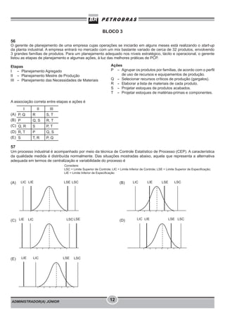 ADMINISTRADOR(A) JÚNIOR 12
BLOCO 3
56
O gerente de planejamento de uma empresa cujas operações se iniciarão em alguns meses está realizando o start-up
da planta industrial. A empresa entrará no mercado com um mix bastante variado de cerca de 32 produtos, envolvendo
3 grandes famílias de produtos. Para um planejamento adequado nos níveis estratégico, tácito e operacional, o gerente
listou as etapas de planejamento e algumas ações, à luz das melhores práticas de PCP.
Etapas
I - Planejamento Agregado
II - Planejamento Mestre de Produção
III - Planejamento das Necessidades de Materiais
A associação correta entre etapas e ações é
(A)
(B)
(C)
(D)
(E)
57
Um processo industrial é acompanhado por meio da técnica de Controle Estatístico de Processo (CEP). A característica
da qualidade medida é distribuída normalmente. Das situações mostradas abaixo, aquela que representa a alternativa
adequada em termos de centralização e variabilidade do processo é
Considere:
LSC = Limite Superior de Controle; LIC = Limite Inferior de Controle; LSE = Limite Superior de Especificação;
LIE = Limite Inferior de Especificação
(A) (B)
(C) (D)
(E)
Ações
P - Agrupar os produtos por famílias, de acordo com o perfil
de uso de recursos e equipamentos de produção.
Q - Selecionar recursos críticos de produção (gargalos).
R - Elaborar a lista de materiais de cada produto.
S - Projetar estoques de produtos acabados.
T - Projetar estoques de matérias-primas e componentes.
I II III
P, Q R S, T
P Q, S R, T
Q, R S P, T
R, T P Q, S
S T, R P, Q
 