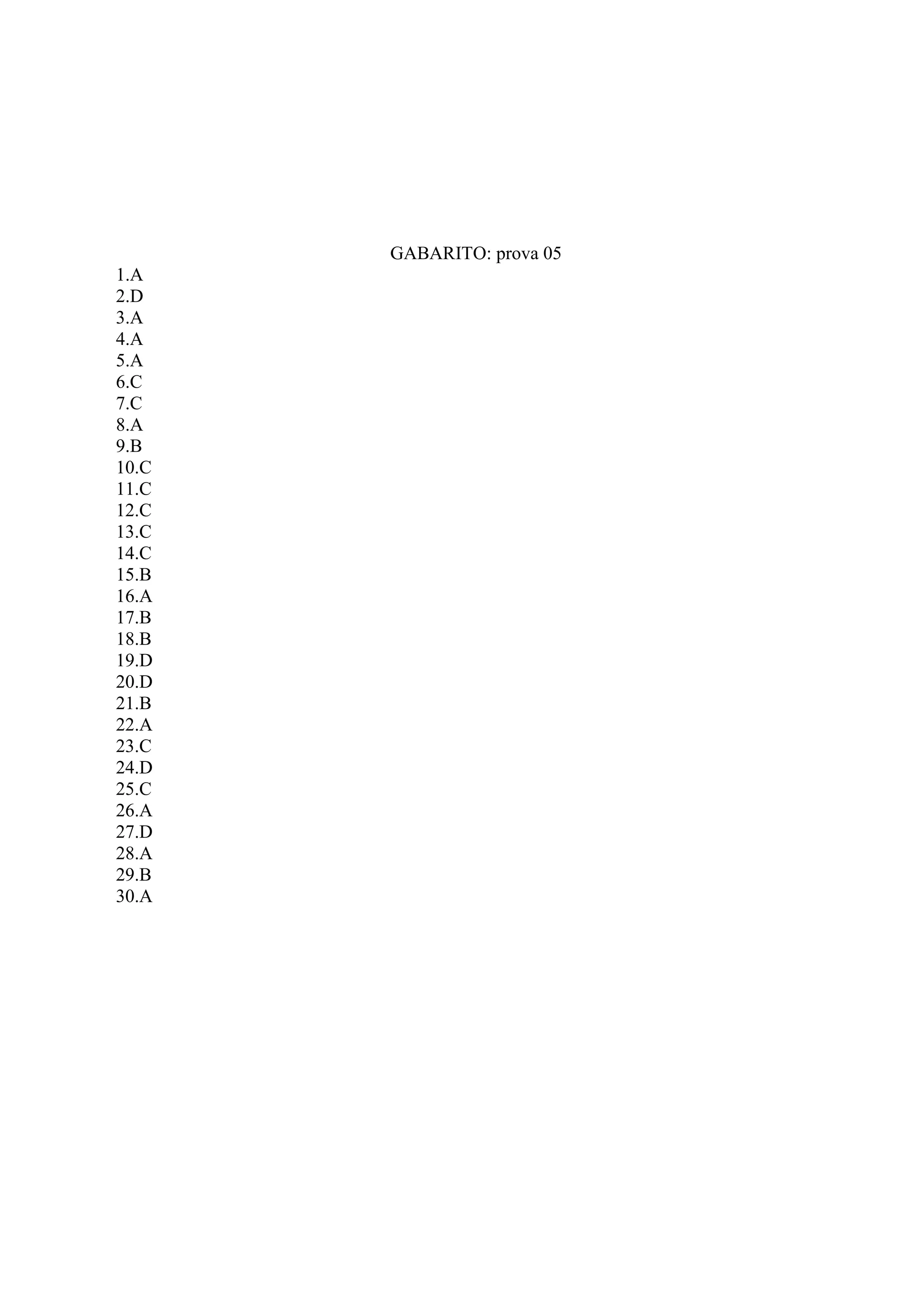 GABARITO: prova 05
1.A
2.D
3.A
4.A
5.A
6.C
7.C
8.A
9.B
10.C
11.C
12.C
13.C
14.C
15.B
16.A
17.B
18.B
19.D
20.D
21.B
22.A
23.C
24.D
25.C
26.A
27.D
28.A
29.B
30.A
 