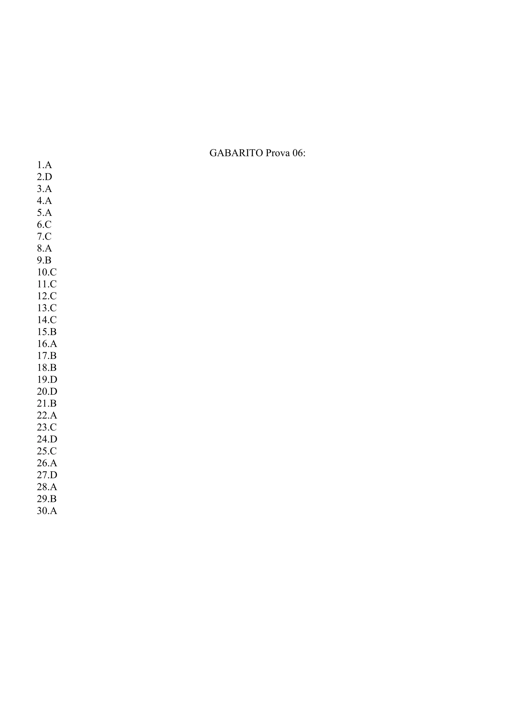 GABARITO Prova 06:
1.A
2.D
3.A
4.A
5.A
6.C
7.C
8.A
9.B
10.C
11.C
12.C
13.C
14.C
15.B
16.A
17.B
18.B
19.D
20.D
21.B
22.A
23.C
24.D
25.C
26.A
27.D
28.A
29.B
30.A
 