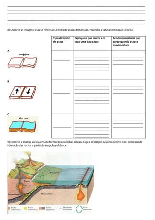 _________________________________________________________________________________________________
_________________________________________________________________________________________________
_________________________________________________________________________________________________
_________________________________________________________________________________________________
_________________________________________________________________________________________________
_________________________________________________________________________________________________
8) Observe asimagens,elasse refere aoslimitesde placastectônicas.Preenchaatabelacomo que se pede.
A
B
C
9) Observe e analise oesquemadaformaçãodas rochas abaixo.Façaa descriçãode comoocorre esse processo de
formaçãodas rochas a partir da erupçãovulcânica.
Tipo de limite
de placa
Explique o que ocorre em
cada uma das placas
Fenômenonatural que
surge quando elasse
movimentam
____________
_________________________
_________________________
_________________________
_________________________
_________________________
______________________
______________________
______________________
____________
_________________________
_________________________
_________________________
_________________________
_________________________
_________________________
______________________
______________________
______________________
_____________
_________________________
_________________________
_________________________
_________________________
_________________________
_________________________
______________________
______________________
______________________
 