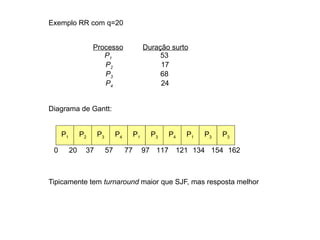 First-come, first-served (FCFS) : primeiro a chegar, primeiro a ser servido (FIFO) Quando o processo deseja usar CPU, é colocado no fim da fila 
