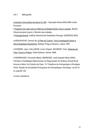 22
4.6.1 Bibliografia
● Quadro Comunitário de Apoio III, ON – Operação Norte 2000-2006 União
Europeia
● Espaços de Lazer para a Infância na Região Norte | Ave e cavado, Beatriz
Oliveira pereira (coord.), Ministro das cidades.
● Portugal Social, Instituto Nacional de Estatística Portugal, SOARTES 2003.
● KERCKHOVE, Derrick de; A Pele da Cultura, Uma Investigação Sobre a
Nova Realidade Electrónica. Relógio D’Água Editores, Lisboa 1997.
● POIRIER, Jean; VALLADON, Limon Clapier; RAYBANT, Paul. Historias de
Vida. Teoria e Prática. Celta Editores; Oeiras 1999.
● RODRIGUES, Fernando Matos; MARQUES, José Augusto Maia (2004)
Famílias e Estratégias Matrimoniais na Organização do Sistema Social Rural.
Arouca e Maia: Um Estudo de Caso. “In Trabalhos de Antropologia e Etnologia,
Porto, Edição da Sociedade Portuguesa de Antropologia e Etnologia, vol.44 (3-
4), pag.85-120.
● www.cmbaião.pt
 