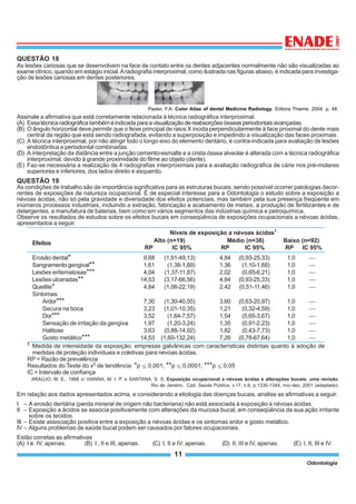 11
Odontologia
QUESTÃO 18
As lesões cariosas que se desenvolvem na face de contato entre os dentes adjacentes normalmente não são visualizadas ao
exame clínico, quando em estágio inicial.Aradiografia interproximal, como ilustrada nas figuras abaixo, é indicada para investiga-
ção de lesões cariosas em dentes posteriores.
QUESTÃO 19
As condições de trabalho são de importância significativa para as estruturas bucais, sendo possível ocorrer patologias decor-
rentes de exposições de natureza ocupacional. É de especial interesse para a Odontologia o estudo sobre a exposição a
névoas ácidas, não só pela gravidade e diversidade dos efeitos potenciais, mas também pela sua presença freqüente em
inúmeros processos industriais, incluindo a extração, fabricação e acabamento de metais, a produção de fertilizantes e de
detergentes, a manufatura de baterias, bem como em vários segmentos das indústrias química e petroquímica.
Observe os resultados de estudos sobre os efeitos bucais em conseqüência de exposições ocupacionais a névoas ácidas,
apresentados a seguir.
ARAÚJO, M. E., 1998 in VIANNA, M. I. P. e SANTANA, S. S. Exposição ocupacional a névoas ácidas e alterações bucais: uma revisão.
Rio de Janeiro, Cad. Saúde Pública, v.17, n.6, p.1335-1344, nov-dez, 2001 (adaptado).
Em relação aos dados apresentados acima, e considerando a etiologia das doenças bucais, analise as afirmativas a seguir.
I – A erosão dentária (perda mineral de origem não bacteriana) não está associada à exposição a névoas ácidas.
II – Exposição a ácidos se associa positivamente com alterações da mucosa bucal, em conseqüência da sua ação irritante
sobre os tecidos.
III – Existe associação positiva entre a exposição a névoas ácidas e os sintomas ardor e gosto metálico.
IV – Alguns problemas de saúde bucal podem ser causados por fatores ocupacionais.
Estão corretas as afirmativas
(A) I e IV, apenas. (B) I , II e III, apenas. (C) I, II e IV, apenas. (D) II, III e IV, apenas. (E) I, II, III e IV.
Assinale a afirmativa que está corretamente relacionada à técnica radiográfica interproximal.
(A) Essatécnicaradiográficatambéméindicadaparaavisualizaçãodereabsorçõesósseasperiodontaisavançadas.
(B) O ângulo horizontal deve permitir que o feixe principal de raios X incida perpendicularmente à face proximal do dente mais
central da região que está sendo radiografada, evitando a superposição e impedindo a visualização das faces proximais.
(C) A técnica interproximal, por não atingir todo o longo eixo do elemento dentário, é contra-indicada para avaliação de lesões
endodôntica e periodontal combinadas.
(D) A interpretação da distância entre a junção cemento-esmalte e a crista óssea alveolar é alterada com a técnica radiográfica
interproximal, devido à grande proximidade do filme ao objeto (dente).
(E) Faz-se necessária a realização de 4 radiografias interproximais para a avaliação radiográfica de cárie nos pré-molares
superiores e inferiores, dos lados direito e esquerdo.
Pasler, F.A. Color Atlas of dental Medicine Radiology. Editora Thieme, 2004. p. 48.
1
Medida de intensidade da exposição: empresas galvânicas com características distintas quanto à adoção de
medidas de proteção individuais e coletivas para névoas ácidas.
RP = Razão de prevalência
Resultados do Teste do x2
de tendência: *p 0,001; **p 0,0001; ***p 0,05
IC = Intervalo de confiança
Efeitos
Erosão dental* 9,68 (1,91-49,13) 4,84 (0,93-25,33) 1,0 ⎯
Sangramento gengival** 1,61 (1,38-1,89) 1,36 (1,10-1,68) 1,0 ⎯
Lesões eritematosas*** 4,04 (1,37-11,87) 2,02 (0,65-6,21) 1,0 ⎯
Lesões ulceradas** 14,53 (3,17-66,56) 4,84 (0,93-25,33) 1,0 ⎯
Queilite* 4,84 (1,06-22,19) 2,42 (0,51-11,46) 1,0 ⎯
Sintomas:
Ardor*** 7,30 (1,30-40,55) 3,60 (0,63-20,97) 1,0 ⎯
Secura na boca 3,23 (1,01-10,35) 1,21 (0,32-4,59) 1,0 ⎯
Dor*** 3,52 (1,64-7,57) 1,54 (0,65-3,67) 1,0 ⎯
Sensação de irritação da gengiva 1,97 (1,20-3,24) 1,35 (0,91-2,23) 1,0 ⎯
Halitose 3,63 (0,88-14,92) 1,82 (0,43-7,73) 1,0 ⎯
Gosto metálico*** 14,53 (1,60-132,24) 7,26 (0,78-67,64) 1,0 ⎯
Níveis de exposição a névoas ácidas1
Alto (n=19) Médio (n=38) Baixo (n=92)
RP IC 95% RP IC 95% RP IC 95%
 