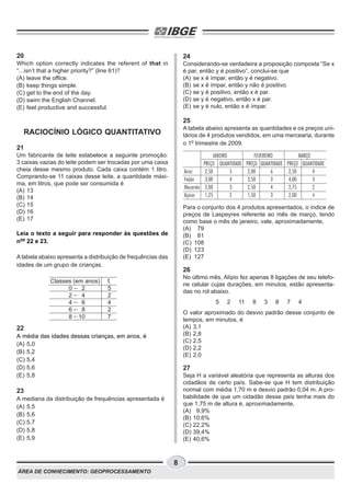 ÁREA DE CONHECIMENTO: GEOPROCESSAMENTO
8
24
Considerando-se verdadeira a proposição composta “Se x
é par, então y é positivo”, conclui-se que
(A) se x é ímpar, então y é negativo.
(B) se x é ímpar, então y não é positivo.
(C) se y é positivo, então x é par.
(D) se y é negativo, então x é par.
(E) se y é nulo, então x é ímpar.
25
A tabela abaixo apresenta as quantidades e os preços uni-
tários de 4 produtos vendidos, em uma mercearia, durante
o 1o
trimestre de 2009.
Para o conjunto dos 4 produtos apresentados, o índice de
preços de Laspeyres referente ao mês de março, tendo
como base o mês de janeiro, vale, aproximadamente,
(A) 79
(B) 81
(C) 108
(D) 123
(E) 127
26
No último mês, Alípio fez apenas 8 ligações de seu telefo-
ne celular cujas durações, em minutos, estão apresenta-
das no rol abaixo.
5 2 11 8 3 8 7 4
O valor aproximado do desvio padrão desse conjunto de
tempos, em minutos, é
(A) 3,1
(B) 2,8
(C) 2,5
(D) 2,2
(E) 2,0
27
Seja H a variável aleatória que representa as alturas dos
cidadãos de certo país. Sabe-se que H tem distribuição
normal com média 1,70 m e desvio padrão 0,04 m. A pro-
babilidade de que um cidadão desse país tenha mais do
que 1,75 m de altura é, aproximadamente,
(A) 9,9%
(B) 10,6%
(C) 22,2%
(D) 39,4%
(E) 40,6%
JANEIRO FEVEREIRO MARÇO
PREÇO QUANTIDADE PREÇO QUANTIDADE PREÇO QUANTIDADE
Arroz 2,50 5 2,00 6 2,50 4
Feijão 3,00 4 3,50 3 4,00 3
Macarrão 2,00 3 2,50 4 2,75 2
Açúcar 1,25 2 1,50 3 2,00 4
20
Which option correctly indicates the referent of that in
“...isn’t that a higher priority?” (line 61)?
(A) leave the office.
(B) keep things simple.
(C) get to the end of the day.
(D) swim the English Channel.
(E) feel productive and successful.
RACIOCÍNIO LÓGICO QUANTITATIVO
21
Um fabricante de leite estabelece a seguinte promoção:
3 caixas vazias do leite podem ser trocadas por uma caixa
cheia desse mesmo produto. Cada caixa contém 1 litro.
Comprando-se 11 caixas desse leite, a quantidade máxi-
ma, em litros, que pode ser consumida é
(A) 13
(B) 14
(C) 15
(D) 16
(E) 17
Leia o texto a seguir para responder às questões de
nos
22 e 23.
A tabela abaixo apresenta a distribuição de frequências das
idades de um grupo de crianças.
22
A média das idades dessas crianças, em anos, é
(A) 5,0
(B) 5,2
(C) 5,4
(D) 5,6
(E) 5,8
23
A mediana da distribuição de frequências apresentada é
(A) 5,5
(B) 5,6
(C) 5,7
(D) 5,8
(E) 5,9
Classes (em anos) fi
0 2 5
2 4 2
4 6 4
6 8 2
8 10 7
 