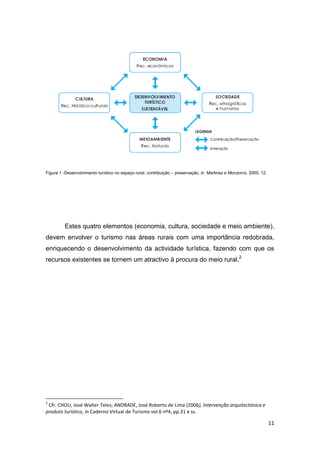 11
Figura 1 -Desenvolvimento turístico no espaço rural: contribuição – preservação, in Martinez e Monzonís, 2000, 12.
Estes quatro elementos (economia, cultura, sociedade e meio ambiente),
devem envolver o turismo nas áreas rurais com uma importância redobrada,
enriquecendo o desenvolvimento da actividade turística, fazendo com que os
recursos existentes se tornem um atractivo à procura do meio rural.2
2
Cfr. CHOU, José Walter Teles; ANDRADE, José Roberto de Lima (2006), Intervenção arquitectónica e
produto turístico, in Caderno Virtual de Turismo vol.6 nº4, pp.31 e ss.
 