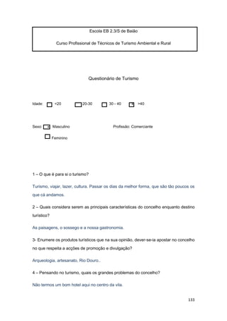 133
Escola EB 2.3/S de Baião
Curso Profissional de Técnicos de Turismo Ambiental e Rural
Questionário de Turismo
Idade: <20 20-30 30 - 40 x >40
Sexo: x Masculino Profissão: Comerciante
Feminino
1 – O que é para si o turismo?
Turismo, viajar, lazer, cultura. Passar os dias da melhor forma, que são tão poucos os
que cá andamos.
2 – Quais considera serem as principais características do concelho enquanto destino
turístico?
As paisagens, o sossego e a nossa gastronomia.
3- Enumere os produtos turísticos que na sua opinião, dever-se-ia apostar no concelho
no que respeita a acções de promoção e divulgação?
Arqueologia, artesanato, Rio Douro..
4 – Pensando no turismo, quais os grandes problemas do concelho?
Não termos um bom hotel aqui no centro da vila.
 