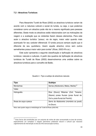 33
7.2 - Atractivos Turísticos
Para Alexandre Turatti de Rose (2002) os atractivos turísticos variam de
acordo com a natureza cultural e social do turista, ou seja, o que podemos
considerar como um atractivo pode não ter o mesmo significado para pessoas
diferentes. Deste modo os atractivos estão relacionados com as motivações de
viagem e a avaliação que os visitantes fazem desses elementos. Para este
autor o atractivo turístico “possui, via de regra, maior valor quando mais
acentuado for seu carácter diferencial. O turista procura sempre aquilo que é
diferente de seu quotidiano. Assim aquele atractivo único sem outros
semelhantes possui maior valor para turista” (Rose, 2002:47e ss.)
Este autor apresenta a seguinte classificação e tipificação de atractivos
turísticos: naturais e culturais. A partir dos quadros de tipificação de atractivos
turísticos de Turatti de Rose (2002) desenvolvemos uma análise sobre os
atractivos turísticos para o concelho de Baião.
Quadro I - Tipo e subtipo de atractivos naturais
Tipo Subtipo
Montanhas Serras (Aboboreira, Matos, Marão)17
Vales
Hidrografia Rios (Douro) Ribeiras (Ovil, Teixeira,
Zêzere) praias fluviais (praia fluvial de
Ovil e praia fluvial de Prenhô)
Áreas de caça e pesca Serra da Aboboreira (montaria ao javali)
rio Douro.
Nota: este quadro segue a metodologia de Turatti de Rose (2002:48)
17
Estas Serras são constituídas por um conjunto de nichos de valor acrescentado na área de turismo,
especialmente um complexo e singular património ambiental natural e cultural que necessita
urgentemente de intervenção na área da infra-estruturação turística.
 