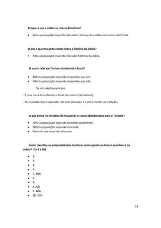 53
Porque é que a aldeia se chama Almofrela?
 Toda a população inquirida não sabe o porque de a aldeia se chamar Almofrela.
O que é que nos pode contar sobre a história da aldeia?
 Toda a população inquirida não sabe histórias da aldeia.
Já ouviu falar em Turismo Ambiental e Rural?
 40% Da população inquirida respondeu que sim.
 60% Da população inquirida respondeu que não.
Se sim, explique porque.
- É uma coisa do ambiente e Rural dos meios (Lavradores);
- Ter cuidado com a Natureza, não criar poluição. E rural é manter as tradições.
O que pensa na iniciativa de recuperar as casas abandonadas para o Turismo?
 70% Da população inquirida concorda totalmente;
 30% Da população inquirida concorda;
 Nenhum dos inquiridos discorda.
Como classifica as potencialidades turísticas como aposta no futuro económico da
aldeia? (De 1 a 10)
 1-
 2-
 3-
 4-
 5- 10%
 6-
 7-
 8-20%
 9- 40%
 10- 30%
 