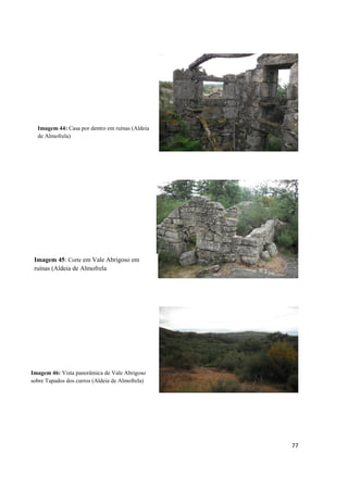 77
Imagem 46: Vista panorâmica de Vale Abrigoso
sobre Tapados dos curros (Aldeia de Almofrela)
Imagem 45: Corte em Vale Abrigoso em
ruínas (Aldeia de Almofrela
Imagem 44: Casa por dentro em ruínas (Aldeia
de Almofrela)
 