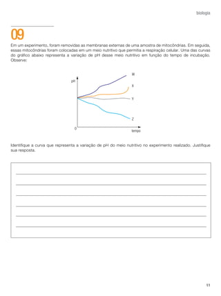 11
biologia
Em um experimento, foram removidas as membranas externas de uma amostra de mitocôndrias. Em seguida,
essas mitocôndrias foram colocadas em um meio nutritivo que permitia a respiração celular. Uma das curvas
do gráfico abaixo representa a variação de pH desse meio nutritivo em função do tempo de incubação.
Observe:
Identifique a curva que representa a variação de pH do meio nutritivo no experimento realizado. Justifique
sua resposta.
09
 