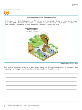 vestibular estadual 2010 2ª fase Exame dISCURSIVO8
geografia
A liberação do túnel Rebouças, no Rio de Janeiro, interditado desde a noite desta terça-
feira (23), pode demorar uma semana. Grandes volumes de terra - num total de cerca de
6000 toneladas - deslizaram no local, segundo a Secretaria Municipal de Obras.
Com base na notícia acima, apresente duas causas para a ocorrência de deslizamentos de encostas e duas
medidas preventivas para impedir ou atenuar as consequências desse fenômeno.
06
Adaptado de Folha Online, 24/10/2007
Deslizamento sobre o túnel Rebouças
 