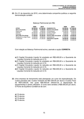 CONSELHO FEDERAL DE CONTABILIDADE
EXAME DE SUFICIÊNCIA
Bacharel em Ciências Contábeis
15
22. Em 31 de dezembro de 2010, uma determinada companhia publicou a seguinte
demonstração contábil:
Balanço Patrimonial (em R$)
2009 2010 2009 2010
ATIVO 88.400,00 107.000,00 PASSIVO E PL 88.400,00 107.000,00
Ativo Circulante 57.400,00 61.800,00 Passivo Circulante 36.600,00 43.400,00
Disponível 1.400,00 6.600,00 Fornecedores 22.000,00 28.000,00
Clientes 24.000,00 27.200,00 Contas a Pagar
Empréstimos
5.600,00
9.000,00
9.400,00
6.000,00Estoques 32.000,00 28.000,00
Ativo Não Circulante 31.000,00 45.200,00 Passivo Não Circulante 21.800,00 30.000,00
Realizável a Longo Prazo
Imobilizado
12.000,00
19.000,00
18.000,00
27.200,00
Empréstimos
Patrimônio Líquido
21.800,00
30.000,00
30.000,00
33.600,00
Capital 30.000,00 33.600,00
Com relação ao Balanço Patrimonial acima, assinale a opção CORRETA:
a) O Capital Circulante Líquido foi ampliado em R$2.400,00 e o Quociente de
Liquidez Corrente foi reduzido em 0,15.
b) O Capital Circulante Líquido foi ampliado em R$4.600,00 e o Quociente de
Liquidez Corrente foi reduzido em 0,10.
c) O Capital Circulante Líquido foi reduzido em R$2.400,00 e o Quociente de
Liquidez Corrente foi reduzido em 0,15.
d) O Capital Circulante Líquido foi reduzido em R$4.600,00 e o Quociente de
Liquidez Corrente foi reduzido em 0,10.
23. Uma empresa de treinamento está planejando um curso de especialização. Os
custos previstos são: Custos Variáveis de R$1.200,00 por aluno e Custos Fixos
de R$72.000,00, dos quais R$4.800,00 referem-se à depreciação de
equipamentos a serem utilizados. O curso será vendido a R$6.000,00 por aluno.
O Ponto de Equilíbrio Contábil se dá com:
a) 10 alunos.
b) 12 alunos.
c) 14 alunos.
d) 15 alunos.
 