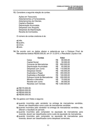 CONSELHO FEDERAL DE CONTABILIDADE
EXAME DE SUFICIÊNCIA
Técnico em Contabilidade
11
13. Considere a seguinte relação de contas:
Ações em Tesouraria.
Adiantamentos a Fornecedores.
Adiantamentos de Clientes.
Capital a Realizar.
Depreciação Acumulada.
Despesas com Aluguéis.
Despesas de Depreciação.
Receita de Comissões.
O número de contas credoras é de:
a) três.
b) quatro.
c) cinco.
d) seis.
14. De acordo com os dados abaixo e sabendo-se que o Estoque Final de
Mercadorias totaliza R$350.000,00, em 31.12.2010, o Resultado Líquido é de:
Contas Valor
Caixa R$ 80.000,00
Capital Social R$ 50.000,00
Compras de Mercadorias R$ 800.000,00
Depreciação Acumulada R$ 65.000,00
Despesas com Juros R$ 110.000,00
Despesas Gerais R$ 150.000,00
Duplicatas a Pagar R$ 355.000,00
Duplicatas a Receber R$ 140.000,00
Estoque Inicial de Mercadorias R$ 200.000,00
Móveis e Utensílios R$ 70.000,00
Receita com Juros R$ 80.000,00
Receitas com Vendas R$ 1.000.000,00
a) R$170.000,00.
b) R$240.000,00.
c) R$350.000,00.
d) R$390.000,00.
15. Os gastos com fretes e seguros:
a) quando incorridos pelo vendedor na entrega de mercadorias vendidas,
devem ser classificados como custo de mercadorias vendidas.
b) quando incorridos pelo vendedor na entrega de mercadorias vendidas, não
alteram o resultado do período.
c) quando incorridos pelo comprador na aquisição de mercadorias para
revenda, devem ser classificados como custo de aquisição de mercadorias.
d) quando incorridos pelo comprador na aquisição de mercadorias para
revenda, devem ser classificados como despesas comerciais.
 