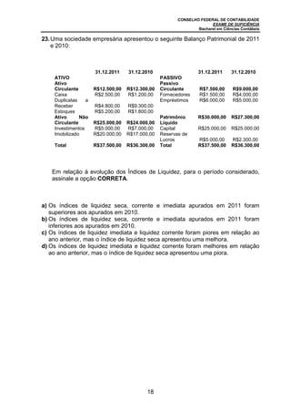 CONSELHO FEDERAL DE CONTABILIDADE
                                                                       EXAME DE SUFICIÊNCIA
                                                                 Bacharel em Ciências Contábeis

23. Uma sociedade empresária apresentou o seguinte Balanço Patrimonial de 2011
    e 2010:



                      31.12.2011    31.12.2010                    31.12.2011     31.12.2010
    ATIVO                                         PASSIVO
    Ativo                                         Passivo
    Circulante        R$12.500,00   R$12.300,00   Circulante       R$7.500,00     R$9.000,00
    Caixa             R$2.500,00    R$1.200,00    Fornecedores     R$1.500,00     R$4.000,00
    Duplicatas    a                               Empréstimos      R$6.000,00     R$5.000,00
    Receber           R$4.800,00    R$9.300,00
    Estoques          R$5.200,00    R$1.800,00
    Ativo      Não                                Patrimônio      R$30.000,00    R$27.300,00
    Circulante        R$25.000,00   R$24.000,00   Líquido
    Investimentos     R$5.000,00    R$7.000,00    Capital         R$25.000,00    R$25.000,00
    Imobilizado       R$20.000,00   R$17.000,00   Reservas de
                                                  Lucros          R$5.000,00     R$2.300,00
    Total             R$37.500,00   R$36.300,00   Total           R$37.500,00    R$36.300,00




   Em relação à evolução dos Índices de Liquidez, para o período considerado,
   assinale a opção CORRETA.



a) Os índices de liquidez seca, corrente e imediata apurados em 2011 foram
   superiores aos apurados em 2010.
b) Os índices de liquidez seca, corrente e imediata apurados em 2011 foram
   inferiores aos apurados em 2010.
c) Os índices de liquidez imediata e liquidez corrente foram piores em relação ao
   ano anterior, mas o índice de liquidez seca apresentou uma melhora.
d) Os índices de liquidez imediata e liquidez corrente foram melhores em relação
   ao ano anterior, mas o índice de liquidez seca apresentou uma piora.




                                            18
 