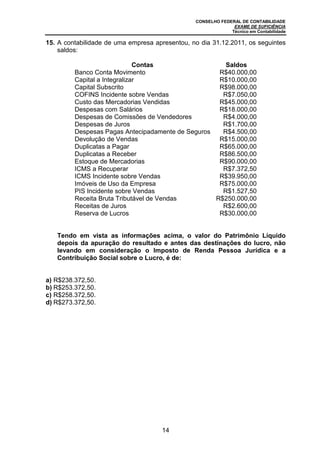 CONSELHO FEDERAL DE CONTABILIDADE
EXAME DE SUFICIÊNCIA
Técnico em Contabilidade
14
15. A contabilidade de uma empresa apresentou, no dia 31.12.2011, os seguintes
saldos:
Contas Saldos
Banco Conta Movimento R$40.000,00
Capital a Integralizar R$10.000,00
Capital Subscrito R$98.000,00
COFINS Incidente sobre Vendas R$7.050,00
Custo das Mercadorias Vendidas R$45.000,00
Despesas com Salários R$18.000,00
Despesas de Comissões de Vendedores R$4.000,00
Despesas de Juros R$1.700,00
Despesas Pagas Antecipadamente de Seguros R$4.500,00
Devolução de Vendas R$15.000,00
Duplicatas a Pagar R$65.000,00
Duplicatas a Receber R$86.500,00
Estoque de Mercadorias R$90.000,00
ICMS a Recuperar R$7.372,50
ICMS Incidente sobre Vendas R$39.950,00
Imóveis de Uso da Empresa R$75.000,00
PIS Incidente sobre Vendas R$1.527,50
Receita Bruta Tributável de Vendas R$250.000,00
Receitas de Juros R$2.600,00
Reserva de Lucros R$30.000,00
Tendo em vista as informações acima, o valor do Patrimônio Líquido
depois da apuração do resultado e antes das destinações do lucro, não
levando em consideração o Imposto de Renda Pessoa Jurídica e a
Contribuição Social sobre o Lucro, é de:
a) R$238.372,50.
b) R$253.372,50.
c) R$258.372,50.
d) R$273.372,50.
 