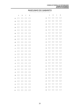 CONSELHO FEDERAL DE CONTABILIDADE
EXAME DE SUFICIÊNCIA
Técnico em Contabilidade
31
A B C D
.01.
.02. A B C D
.03. A B C D
.04. A B C D
.05. A B C D
.06. A B C D
.07. A B C D
.08. A B C D
.09. A B C D
.10. A B C D
.11. A B C D
.12. A B C D
.13. A B C D
.14. A B C D
.15. A B C D
.16. A B C D
.17. A B C D
.18. A B C D
.19. A B C D
.20. A B C D
.21. A B C D
.22. A B C D
.23. A B C D
.24. A B C D
25. A B C D
A B C D
.26.
.27. A B C D
.28. A B C D
.29. A B C D
.30. A B C D
.31. A B C D
.32. A B C D
.33. A B C D
.34. A B C D
.35. A B C D
.36. A B C D
.37. A B C D
.38. A B C D
.39. A B C D
.40. A B C D
.41. A B C D
.42. A B C D
.43. A B C D
.44. A B C D
.45. A B C D
.46. A B C D
.47. A B C D
.48. A B C D
.49. A B C D
.50. A B C
RASCUNHO DO GABARITO
ESTA PÁGINA PODERÁ SER DESTACADA
 