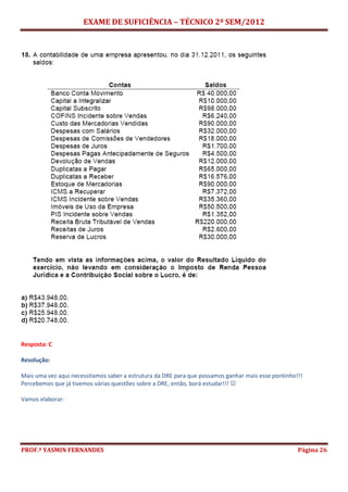 EXAME DE SUFICIÊNCIA – TÉCNICO 2º SEM/2012
PROF.ª YASMIN FERNANDES Página 26
Resposta: C
Resolução:
Mais uma vez aqui necessitamos saber a estrutura da DRE para que possamos ganhar mais esse pontinho!!!
Percebemos que já tivemos várias questões sobre a DRE, então, borá estudar!!! 
Vamos elaborar:
 