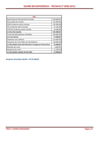 EXAME DE SUFICIÊNCIA – TÉCNICO 2º SEM/2012
PROF.ª YASMIN FERNANDES Página 27
Resposta: Resultado Líquido = R$ 25.948,00
 