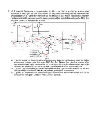 3. (3,0 pontos) Considere a organização do bloco de dados multiciclo abaixo, que 
acomoda a execução de um subconjunto da arquitetura do conjunto de instruções do 
processador MIPS. Considere também as modificações que foram necessárias realizar 
nesta organização para dar suporte às novas instruções solicitadas no trabalho TP3. Em 
seguida, responda às questões abaixo. 
Memória 
de 
Instruções 
address data 
25..21 
20..16 
15..11 
20..16 
AdRs 
AdRt 
AdRd 
R2 
RD 
ck wreg 
0-extend 
A 
L 
U 
uins.i 
op2 
s-extend 
4 + 
RIR 
ck 
Q 
op1 
RALU 
ck 
Q 
outalu 
rpc 
Q 
RS 
ck 
Q 
RT 
ck 
Q 
D D 
D 
D 
D 
R1 
C 
o 
m 
RB p 
RA 
salta 
s-extend*4 
“0000” & 
IR[25:0] & “00” 
15..0 
15..0 
25..0 
15..0 
20..16 
M1 
M2 
M3 
M7 
RIM 
ck 
D Q 
RA 
RB 
IMED 
result 
npc 
RALU 
MDR 
pc=i_address 
ir=IR_OUT 
dtpc 
instruction 
M9 
adD 
RALU=d_address 
result 
Memória 
de Dados 
address data 
uins.ce 
uins.rw 
RB 
data 
R1 
R2 
adS 
M5 
M6 
M7 
RIN 
cte_im 
uins.wreg 
ce 
uins.wpc 
ce 
uins.CY1 
ce 
uins.CY2 
ce 
uins.CY2 
ce 
uins.CY2 
ce 
uins.walu 
RMDR 
ck 
D Q 
ce 
uins.wmdr 
M8 
mdr_int 
ce 
incpc 
uins.CY1 
RNPC 
ck 
D Q 
npc 
REGS 
uins.i 
x“000000” & 
data[7:0] 
M4 
uins.i 
uins.i 
uins.i 
uins.i 
uins.i 
uins.i 
uins.i 
uins.i 
uins.i 
uins.rw 
uins.ce uins.bw 
ck 
rst rst 
rst 
rst 
rst 
rst 
rst 
rst 
“11111” 
a) [1 ponto] Marcar no desenho acima e/ou descrever todos os caminhos do bloco de dados 
efetivamente usados pela instrução BNE Rs, Rt, Rótulo. Isto significa marcar e/ou 
descrever em texto todos os caminhos por onde passa informação útil relevante à execução 
da instrução, ou seja, os dados e endereços que esta realmente necessita manipular. 
b) [1 ponto] Diga qual operação é executada pela unidade lógica-aritmética (ALU) no terceiro 
ciclo de relógio da instrução BNE Rs, Rt, Rótulo, justificando sua resposta. 
c) [1 ponto] Na implementação desta instrução o comparador desenhado abaixo da ALU na 
execução da instrução é usado ou não? Explique por quê. 
 