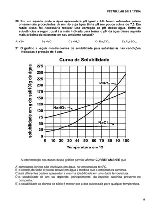 VESTIBULAR 2013 / 3º DIA 
11 
20. Em um aquário onde a água apresentava pH igual a 6,0, foram colocados peixes 
ornamentais procedentes de um rio cuja água tinha pH um pouco acima de 7,0. Em 
razão disso, foi necessário realizar uma correção do pH dessa água. Entre as 
substâncias a seguir, qual é a mais indicada para tornar o pH da água desse aquário 
mais próximo do existente em seu ambiente natural? 
A) KBr B) NaCl C) NH4Cl D) Na2CO3 E) Al2(SO4)3 
21. O gráfico a seguir mostra curvas de solubilidade para substâncias nas condições 
indicadas e pressão de 1 atm. 
A interpretação dos dados desse gráfico permite afirmar CORRETAMENTE que 
A) compostos iônicos são insolúveis em água, na temperatura de 0oC. 
B) o cloreto de sódio é pouco solúvel em água à medida que a temperatura aumenta. 
C) sais diferentes podem apresentar a mesma solubilidade em uma dada temperatura. 
D) a solubilidade de um sal depende, principalmente, da espécie catiônica presente no 
composto. 
E) a solubilidade do cloreto de sódio é menor que a dos outros sais para qualquer temperatura. 
 