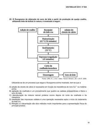 VESTIBULAR 2013 / 3º DIA 
12 
22. O fluxograma de obtenção do soro de leite a partir da produção de queijo coalho, 
utilizando leite de búfula in natura, é mostrado a seguir: 
Fonte: LIRA, H. L. et al . Ciênc. Tecnol. Aliment., 29,1, 33-37, 2009. 
Utilizando-se de um processo que segue o fluxograma acima mostrado, tem-se que a 
A) adição de cloreto de cálcio é necessária em função da inexistência de íons Ca++ na matéria-prima. 
B) agitação da coalhada é um procedimento que quebra as cadeias polipeptídicas e libera o 
soro do leite. 
C) desnaturação da mistura natural proteica ocorre depois do corte da coalhada e da 
mexedura. 
D) destilação das impurezas voláteis é uma operação necessária após o início do tratamento 
do leite cru. 
E) filtração e a decantação são dois métodos muito importantes para a apresentação física do 
principal produto. 
 