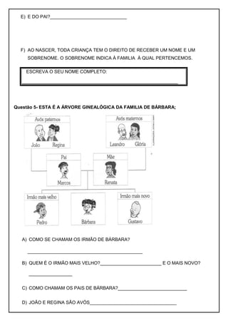 E) E DO PAI?______________________________
F) AO NASCER, TODA CRIANÇA TEM O DIREITO DE RECEBER UM NOME E UM
SOBRENOME. O SOBRENOME INDICA À FAMILIA À QUAL PERTENCEMOS.
ESCREVA O SEU NOME COMPLETO:
_____________________________________________________________
Questão 5- ESTA É A ÁRVORE GINEALÓGICA DA FAMILIA DE BÁRBARA;
A) COMO SE CHAMAM OS IRMÃO DE BÁRBARA?
_____________________________________________
B) QUEM É O IRMÃO MAIS VELHO?________________________ E O MAIS NOVO?
_________________
C) COMO CHAMAM OS PAIS DE BÁRBARA?___________________________
D) JOÃO E REGINA SÃO AVÓS__________________________________
 