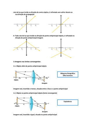 raio de luz que incide na direção do centro óptico, é refratado sem sofrer desvio na
sua direção de propagação
4- Todo raio de luz que incide na direção do ponto antiprincipal objeto, é refratado na
direção do ponto antiprincipal imagem
1-Imagens nas lentes convergentes
1.1. Objeto além do ponto antiprincipal objeto
Imagem real, invertida e menor, situada entre o foco e o ponto antiprincipal
1.2. Objeto no ponto antiprincipal objeto (lente convergente)
Imagem real, invertida e igual, situada no ponto antiprincipal
Máquina fotográfica
Olho humano
Copiadoras
 