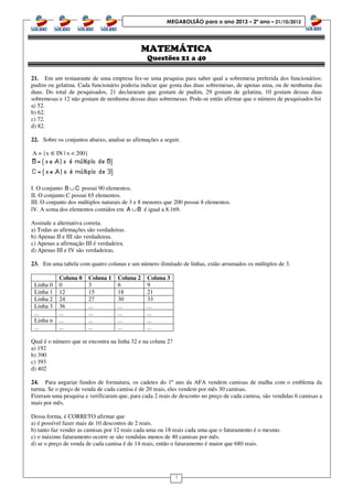 7
MEGABOLSÃO para o ano 2013 – 2º ano – 21/10/2012
MATEMÁTICA
Questões 21 a 40
21. Em um restaurante de uma empresa fez-se uma pesquisa para saber qual a sobremesa preferida dos funcionários:
pudim ou gelatina. Cada funcionário poderia indicar que gosta das duas sobremesas, de apenas uma, ou de nenhuma das
duas. Do total de pesquisados, 21 declararam que gostam de pudim, 29 gostam de gelatina, 10 gostam dessas duas
sobremesas e 12 não gostam de nenhuma dessas duas sobremesas. Pode-se então afirmar que o número de pesquisados foi
a) 52.
b) 62.
c) 72.
d) 82.
22. Sobre os conjuntos abaixo, analise as afirmações a seguir.
A = {x ∈IN | x < 200}
I. O conjunto ∪B C possui 90 elementos.
II. O conjunto C possui 65 elementos.
III. O conjunto dos múltiplos naturais de 3 e 8 menores que 200 possui 8 elementos.
lV. A soma dos elementos contidos em ∪A B é igual a 8.169.
Assinale a alternativa correta.
a) Todas as afirmações são verdadeiras.
b) Apenas II e III são verdadeiras.
c) Apenas a afirmação III é verdadeira.
d) Apenas III e IV são verdadeiras.
23. Em uma tabela com quatro colunas e um número ilimitado de linhas, estão arrumados os múltiplos de 3.
Coluna 0 Coluna 1 Coluna 2 Coluna 3
Linha 0 0 3 6 9
Linha 1 12 15 18 21
Linha 2 24 27 30 33
Linha 3 36 ... ... ...
... ... ... ... ...
Linha n ... ... ... ...
... ... ... ... ...
Qual é o número que se encontra na linha 32 e na coluna 2?
a) 192
b) 390
c) 393
d) 402
24. Para angariar fundos de formatura, os cadetes do 1º ano da AFA vendem camisas de malha com o emblema da
turma. Se o preço de venda de cada camisa é de 20 reais, eles vendem por mês 30 camisas.
Fizeram uma pesquisa e verificaram que, para cada 2 reais de desconto no preço de cada camisa, são vendidas 6 camisas a
mais por mês.
Dessa forma, é CORRETO afirmar que
a) é possível fazer mais de 10 descontos de 2 reais.
b) tanto faz vender as camisas por 12 reais cada uma ou 18 reais cada uma que o faturamento é o mesmo.
c) o máximo faturamento ocorre se são vendidas menos de 40 camisas por mês.
d) se o preço de venda de cada camisa é de 14 reais, então o faturamento é maior que 680 reais.
 