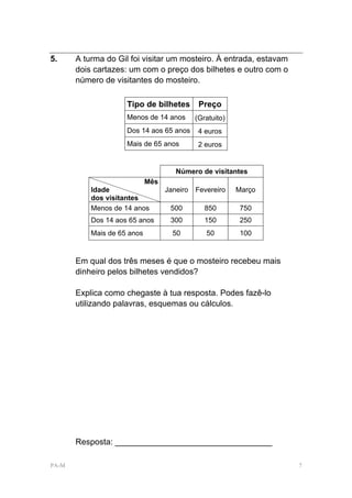 5.     A turma do Gil foi visitar um mosteiro. À entrada, estavam
       dois cartazes: um com o preço dos bilhetes e outro com o
       número de visitantes do mosteiro.

                     Tipo de bilhetes         Preço
                     Menos de 14 anos        (Gratuito)
                     Dos 14 aos 65 anos       4 euros
                     Mais de 65 anos          2 euros


                                      Número de visitantes
                             Mês
           Idade                   Janeiro   Fevereiro    Março
           dos visitantes
           Menos de 14 anos         500         850        750
           Dos 14 aos 65 anos       300         150        250
           Mais de 65 anos           50         50         100


       Em qual dos três meses é que o mosteiro recebeu mais
       dinheiro pelos bilhetes vendidos?

       Explica como chegaste à tua resposta. Podes fazê-lo
       utilizando palavras, esquemas ou cálculos.




       Resposta: __________________________________

PA-M                                                                7
 