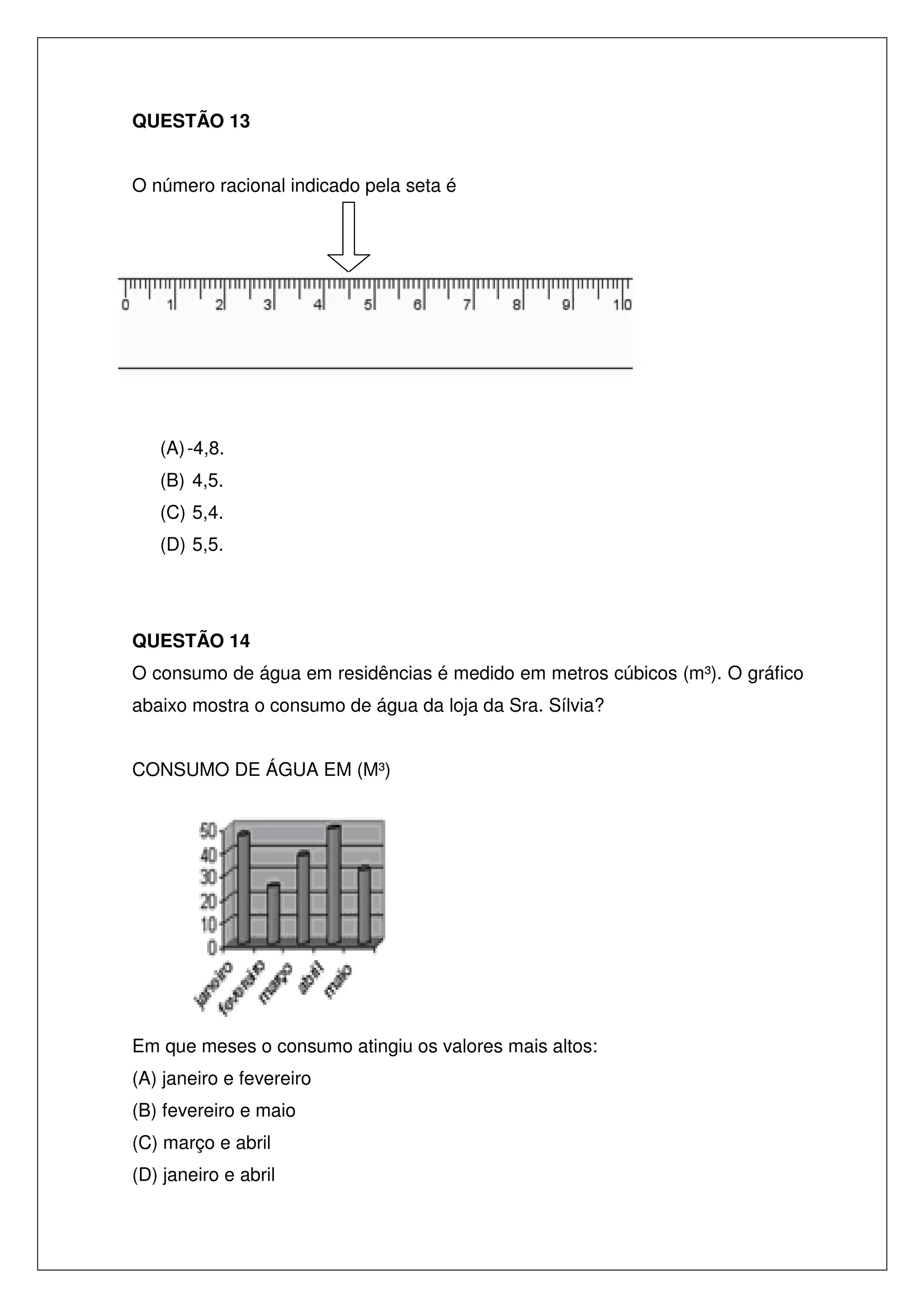 QUESTÃO 13
O número racional indicado pela seta é

(A) -4,8.
(B) 4,5.
(C) 5,4.
(D) 5,5.

QUESTÃO 14
O consumo de água em residências é medido em metros cúbicos (m³). O gráfico
abaixo mostra o consumo de água da loja da Sra. Sílvia?
CONSUMO DE ÁGUA EM (M³)

Em que meses o consumo atingiu os valores mais altos:
(A) janeiro e fevereiro
(B) fevereiro e maio
(C) março e abril
(D) janeiro e abril

 