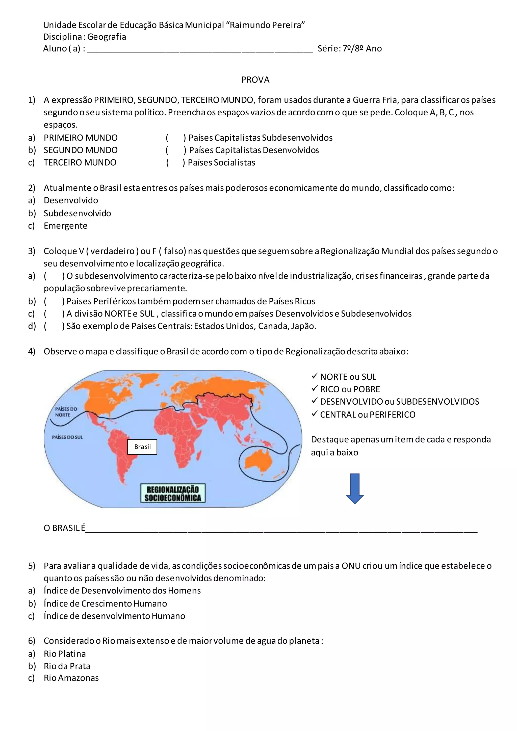 Prova 8 ano-REGIONALIZAÇÃO DO MUNDO CONTEMPORÂNEO | DOCX