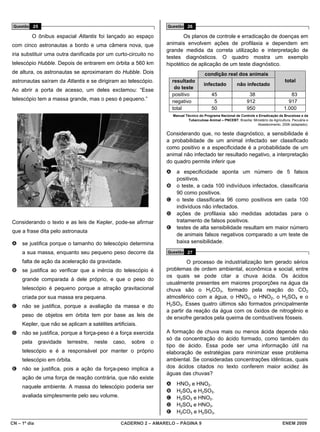 Questão 25                                                        Questão 26

          O ônibus espacial Atlantis foi lançado ao espaço                 Os planos de controle e erradicação de doenças em
com cinco astronautas a bordo e uma câmera nova, que               animais envolvem ações de profilaxia e dependem em
                                                                   grande medida da correta utilização e interpretação de
iria substituir uma outra danificada por um curto-circuito no
                                                                   testes diagnósticos. O quadro mostra um exemplo
telescópio Hubble. Depois de entrarem em órbita a 560 km           hipotético de aplicação de um teste diagnóstico.
de altura, os astronautas se aproximaram do Hubble. Dois                                  condição real dos animais
astronautas saíram da Atlantis e se dirigiram ao telescópio.           resultado                                                            total
                                                                                          infectado           não infectado
Ao abrir a porta de acesso, um deles exclamou: “Esse                    do teste
                                                                       positivo               45                     38                       83
telescópio tem a massa grande, mas o peso é pequeno.”                  negativo                5                    912                      917
                                                                       total                  50                    950                    1.000
                                                                       Manual Técnico do Programa Nacional de Controle e Erradicação da Brucelose e da
                                                                               Tuberculose Animal – PNCEBT. Brasília: Ministério da Agricultura, Pecuária e
                                                                                                                        Abastecimento, 2006 (adaptado).

                                                                   Considerando que, no teste diagnóstico, a sensibilidade é
                                                                   a probabilidade de um animal infectado ser classificado
                                                                   como positivo e a especificidade é a probabilidade de um
                                                                   animal não infectado ter resultado negativo, a interpretação
                                                                   do quadro permite inferir que
                                                                   A     a especificidade aponta um número de 5 falsos
                                                                         positivos.
                                                                   B     o teste, a cada 100 indivíduos infectados, classificaria
                                                                         90 como positivos.
                                                                   C     o teste classificaria 96 como positivos em cada 100
                                                                         indivíduos não infectados.
                                                                   D     ações de profilaxia são medidas adotadas para o
Considerando o texto e as leis de Kepler, pode-se afirmar                tratamento de falsos positivos.
                                                                   E     testes de alta sensibilidade resultam em maior número
que a frase dita pelo astronauta
                                                                         de animais falsos negativos comparado a um teste de
A    se justifica porque o tamanho do telescópio determina               baixa sensibilidade.

     a sua massa, enquanto seu pequeno peso decorre da             Questão 27

     falta de ação da aceleração da gravidade.                              O processo de industrialização tem gerado sérios
B    se justifica ao verificar que a inércia do telescópio é       problemas de ordem ambiental, econômica e social, entre
                                                                   os quais se pode citar a chuva ácida. Os ácidos
     grande comparada à dele próprio, e que o peso do
                                                                   usualmente presentes em maiores proporções na água da
     telescópio é pequeno porque a atração gravitacional           chuva são o H2CO3, formado pela reação do CO2
     criada por sua massa era pequena.                             atmosférico com a água, o HNO3, o HNO2, o H2SO4 e o
C    não se justifica, porque a avaliação da massa e do            H2SO3. Esses quatro últimos são formados principalmente
                                                                   a partir da reação da água com os óxidos de nitrogênio e
     peso de objetos em órbita tem por base as leis de             de enxofre gerados pela queima de combustíveis fósseis.
     Kepler, que não se aplicam a satélites artificiais.
D    não se justifica, porque a força-peso é a força exercida      A formação de chuva mais ou menos ácida depende não
                                                                   só da concentração do ácido formado, como também do
     pela     gravidade   terrestre,   neste   caso,   sobre   o
                                                                   tipo de ácido. Essa pode ser uma informação útil na
     telescópio e é a responsável por manter o próprio             elaboração de estratégias para minimizar esse problema
     telescópio em órbita.                                         ambiental. Se consideradas concentrações idênticas, quais
E    não se justifica, pois a ação da força-peso implica a         dos ácidos citados no texto conferem maior acidez às
                                                                   águas das chuvas?
     ação de uma força de reação contrária, que não existe
                                                                   A     HNO3 e HNO2.
     naquele ambiente. A massa do telescópio poderia ser
                                                                   B     H2SO4 e H2SO3.
     avaliada simplesmente pelo seu volume.                        C     H2SO3 e HNO2.
                                                                   D     H2SO4 e HNO3.
                                                                   E     H2CO3 e H2SO3.

CN – 1º dia                                      CADERNO 2 – AMARELO – PÁGINA 9                                                            ENEM 2009
 