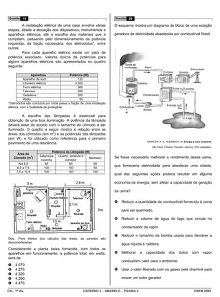 Questão 19                                                           Questão 20

        A instalação elétrica de uma casa envolve várias              O esquema mostra um diagrama de bloco de uma estação
etapas, desde a alocação dos dispositivos, instrumentos e
aparelhos elétricos, até a escolha dos materiais que a                geradora de eletricidade abastecida por combustível fóssil.
compõem, passando pelo dimensionamento da potência
requerida, da fiação necessária, dos eletrodutos*, entre
outras.
        Para cada aparelho elétrico existe um valor de
potência associado. Valores típicos de potências para
alguns aparelhos elétricos são apresentados no quadro
seguinte:

                  Aparelhos               Potência (W)
            Aparelho de som                      120
            Chuveiro elétrico                  3.000
            Ferro elétrico                       500
            Televisor                            200
            Geladeira                            200
            Rádio                                 50
*Eletrodutos são condutos por onde passa a fiação de uma instalação
elétrica, com a finalidade de protegê-la.

        A escolha das lâmpadas é essencial para
obtenção de uma boa iluminação. A potência da lâmpada
deverá estar de acordo com o tamanho do cômodo a ser
iluminado. O quadro a seguir mostra a relação entre as
áreas dos cômodos (em m2) e as potências das lâmpadas
(em W), e foi utilizado como referência para o primeiro
                                                                                          HINRICHS, R. A.; KLEINBACH, M. Energia e meio ambiente.
pavimento de uma residência.
                                                                                              São Paulo: Pioneira Thomson Learning, 2003 (adaptado).

                              Potência da Lâmpada (W)
      Área do
                     Sala/copa    Quarto, varanda e
    Cômodo (m2)                                     Banheiro          Se fosse necessário melhorar o rendimento dessa usina,
                      /cozinha        corredor
       Até 6,0           60               60           60
                                                                      que forneceria eletricidade para abastecer uma cidade,
      6,0 a 7,5         100              100          60
      7,5 a 10,5        100              100          100
                                                                      qual das seguintes ações poderia resultar em alguma

                                                                      economia de energia, sem afetar a capacidade de geração

                                                                      da usina?

                                                                      A   Reduzir a quantidade de combustível fornecido à usina

                                                                          para ser queimado.

                                                                      B   Reduzir o volume de água do lago que circula no

                                                                          condensador de vapor.

                                                                      C   Reduzir o tamanho da bomba usada para devolver a
Obs.: Para efeitos dos cálculos das áreas, as paredes são
desconsideradas.
                                                                          água líquida à caldeira.
Considerando a planta baixa fornecida, com todos os
aparelhos em funcionamento, a potência total, em watts,               D   Melhorar   a   capacidade          dos      dutos      com       vapor
será de
                                                                          conduzirem calor para o ambiente.
A    4.070.
B    4.270.                                                           E   Usar o calor liberado com os gases pela chaminé para
C    4.320.
D    4.390.                                                               mover um outro gerador.
E    4.470.

CN – 1º dia                                        CADERNO 2 – AMARELO – PÁGINA 6                                                   ENEM 2009
 