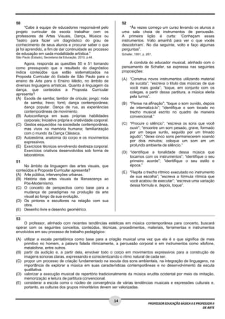 1 4 
PROFESSOR EDUCAÇÃO BÁSICA II E PROFESSOR II 
DE ARTE 
50 
“Cabe à equipe de educadores responsável pelo 
projeto curricular da escola trabalhar com os 
professores de Artes Visuais, Dança, Música ou 
Teatro para fazer um diagnóstico do grau de 
conhecimento de seus alunos e procurar saber o que 
já foi aprendido, a fim de dar continuidade ao processo 
de educação em cada modalidade artística.” 
São Paulo (Estado), Secretaria da Educação, 2010, p.44. 
Agora, responda as questões 50 e 51 tomando 
como pressuposto que o resultado do diagnóstico 
indica conteúdos que estão sistematizados na 
Proposta Curricular do Estado de São Paulo para o 
ensino de Arte para o Ensino Médio, no âmbito de 
diversas linguagens artísticas. Quanto à linguagem da 
dança, que conteúdos a Proposta Curricular 
apresenta? 
(A) Escola de samba; tambor de crioula; jongo; roda 
de samba; frevo; forró; dança contemporânea; 
dança popular. Dança de rua, as experiências 
contemporâneas de movimento. 
(B) Autoconfiança em suas próprias habilidades 
corporais; Iniciativa própria e criatividade corporal. 
(C) Gestos esquecidos na sociedade contemporânea, 
mas vivos na memória humana; familiarização 
com o mundo da Dança Clássica. 
(D) Autoestima; anatomia do corpo e os movimentos 
expressivos. 
(E) Exercícios técnicos envolvendo destreza corporal. 
Exercícios criativos desenvolvidos sob forma de 
laboratórios. 
51 
No âmbito da linguagem das artes visuais, que 
conteúdos a Proposta Curricular apresenta? 
(A) Arte pública, intervenções urbanas. 
(B) História das artes visuais da Renascença ao 
Pós-Modernismo. 
(C) O conceito de perspectiva como base para a 
mudança de paradigmas na produção da arte 
visual ao longo da sua evolução. 
(D) Os pintores e escultores na relação com sua 
obra. 
(E) Desenho livre e desenho geométrico. 
52 
“Às vezes começo um curso levando os alunos a 
uma sala cheia de instrumentos de percussão. 
A primeira lição é curta: ‘Conheçam esses 
instrumentos. Volto amanhã para ver o que vocês 
descobriram’. No dia seguinte, volto e faço algumas 
perguntas”. 
Schafer, 1991, p. 287. 
A conduta do educador musical, alinhado com o 
pensamento de Schafer, se expressa nas seguintes 
proposições: 
(A) “Construa novos instrumentos utilizando material 
de sucata”; “escreva o título das músicas de que 
você mais gosta”; “toque, em conjunto com os 
colegas, a partir dessa partitura, a música eleita 
pela turma”. 
(B) “Pense na afinação”; “toque o som ouvido, depois 
de internalizá-lo”; “identifique o som tocado no 
trecho musical escrito no quadro de maneira 
convencional.” 
(C) “Procure o silêncio”; “escreva os sons que você 
ouvir”; “encontre um som pesado, grave, formado 
por um baque surdo, seguido por um trinado 
agudo”; “deixe cinco sons permanecerem soando 
por dois minutos; coloque um som em um 
profundo ambiente de silêncio.” 
(D) “Identifique a tonalidade dessa música que 
tocamos com os instrumentos”; “identifique o seu 
primeiro acorde”; “identifique o seu estilo e 
época.” 
(E) “Repita o trecho rítmico executado no instrumento 
de sua escolha”; “escreva a fórmula rítmica que 
você acabou de executar”; “escreva uma variação 
dessa fórmula e, depois, toque”. 
53 
O professor, alinhado com recentes tendências estéticas em música contemporânea para concerto, buscará 
operar com os seguintes conceitos, conteúdos, técnicas, procedimentos, materiais, ferramentas e instrumentos 
envolvidos em seu processo de trabalho pedagógico: 
(A) utilizar a escala pentatônica como base para a criação musical uma vez que ela é o que significa de mais 
primitivo no homem, a palavra falada ritmicamente, a percussão corporal e em instrumentos como xilofone, 
metalofone, entre outros. 
(B) partir da audição e, a partir dela, envolver todo o corpo em movimentos expressivos para a construção de 
imagens sonoras claras, expressando e conscientizando o ritmo natural de cada ser. 
(C) propor um processo de criação fundamentado na escuta dos sons ambientais, na integração de linguagens, na 
importância de explorar a música em suas características contemporâneas e no desenvolvimento da escuta 
qualitativa. 
(D) valorizar a execução musical de repertório tradicionalmente da música erudita ocidental por meio da imitação, 
memorização e leitura de partitura convencional. 
(E) considerar a escola como o núcleo de convergência de várias tendências musicais e expressões culturais e, 
portanto, as culturas dos grupos minoritários devem ser valorizadas. 
 
