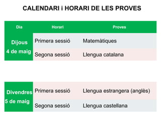 CALENDARI i HORARI DE LES PROVES
Dia Horari Proves
Dijous
4 de maig
Primera sessió Matemàtiques
Segona sessió Llengua catalana
Divendres
5 de maig
Primera sessió Llengua estrangera (anglès)
Segona sessió Llengua castellana
 