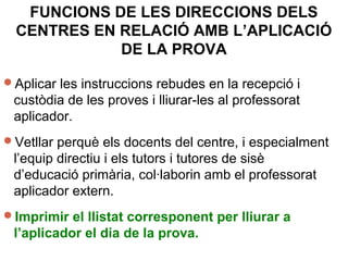 Aplicar les instruccions rebudes en la recepció i
custòdia de les proves i lliurar-les al professorat
aplicador.
Vetllar perquè els docents del centre, i especialment
l’equip directiu i els tutors i tutores de sisè
d’educació primària, col·laborin amb el professorat
aplicador extern.
Imprimir el llistat corresponent per lliurar a
l’aplicador el dia de la prova.
FUNCIONS DE LES DIRECCIONS DELS
CENTRES EN RELACIÓ AMB L’APLICACIÓ
DE LA PROVA
 